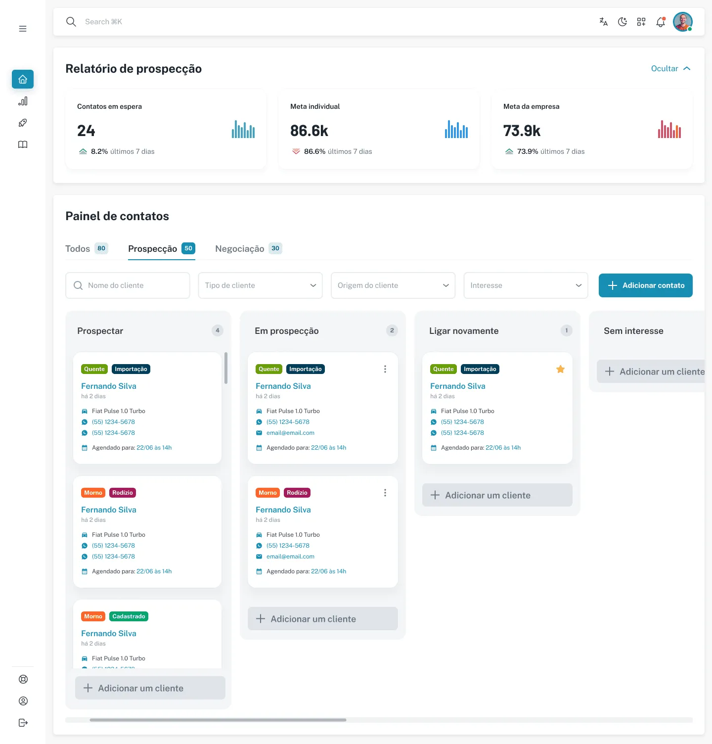 Painel do Picmo Pro: relatório de prospecção com contatos em espera, meta individual e meta da empresa, e o painel de contatos em colunas.